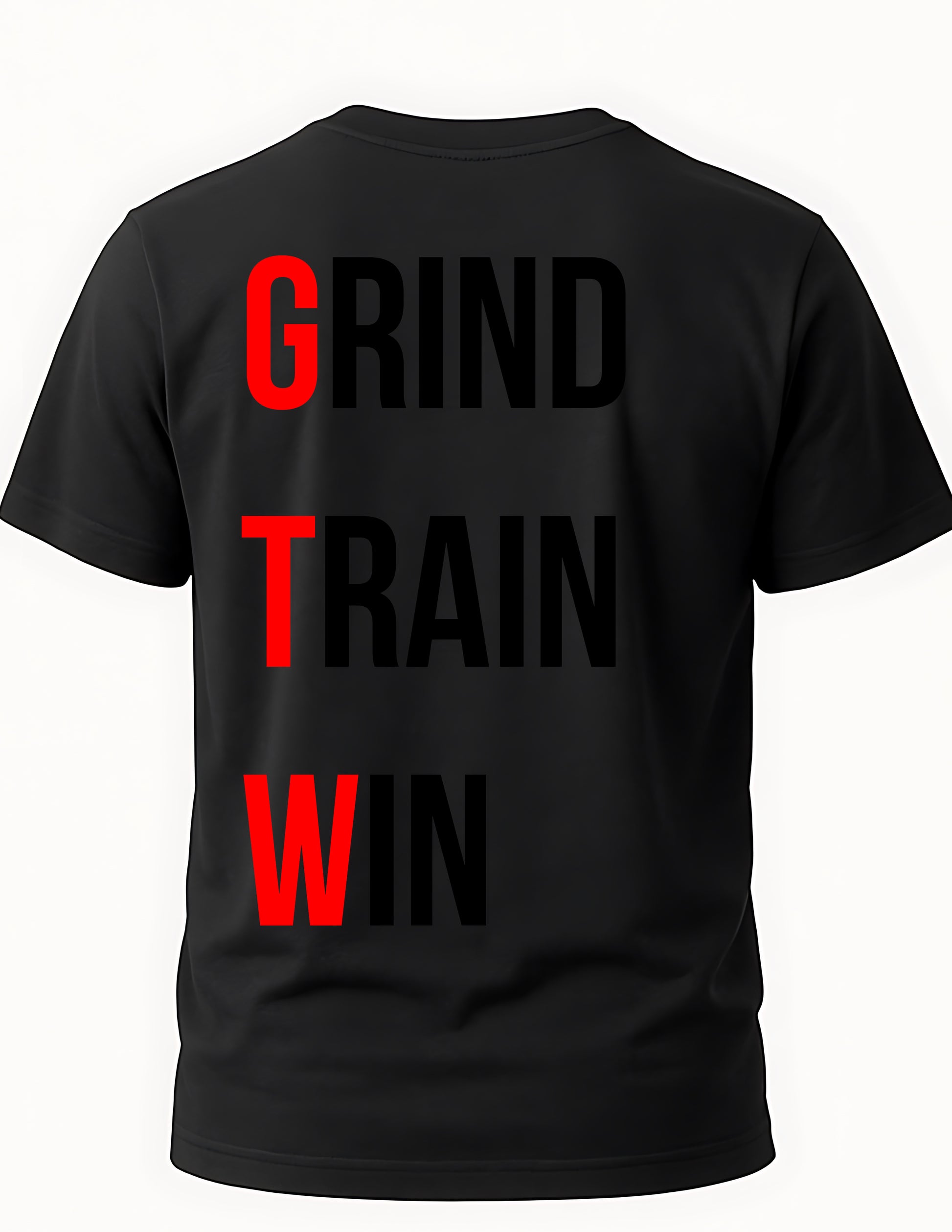 Black t-shirt with 'GRIND TRAIN WIN' text in red and black on a white background