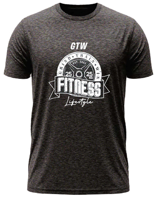 Brown tee with bold white print. GTW weight plate emblem, “FITNESS Lifestyle” banner, built for those who grind, train, and win.
