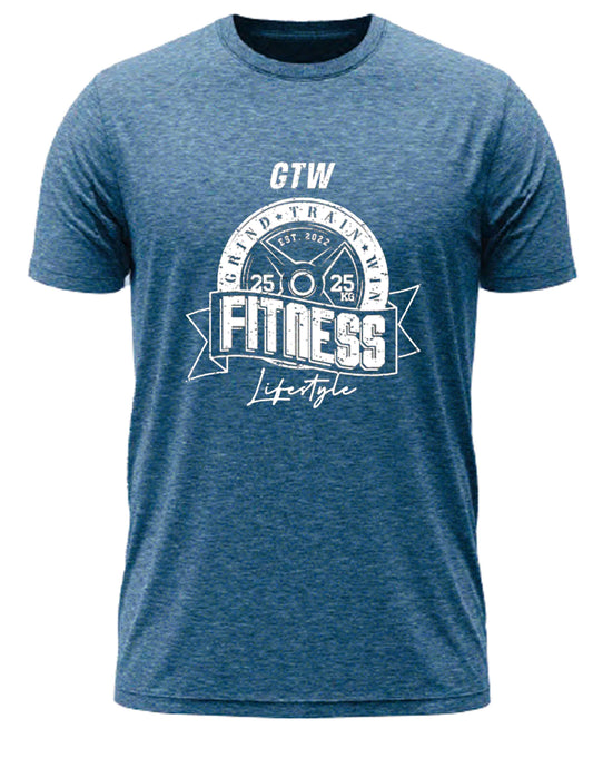 Denim/Blue with bold white print. GTW weight plate emblem, “FITNESS Lifestyle” banner, built for those who grind, train, and win.