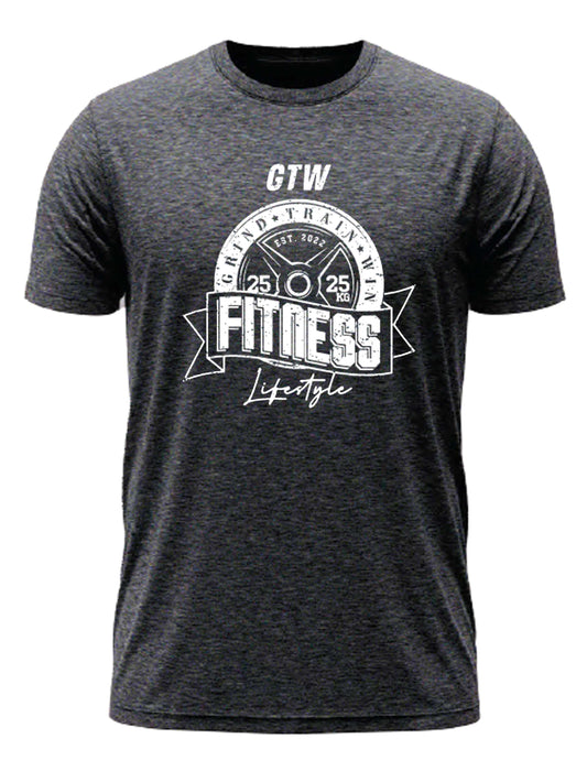 Gray tee with bold white print. GTW weight plate emblem, “FITNESS Lifestyle” banner, built for those who grind, train, and win.