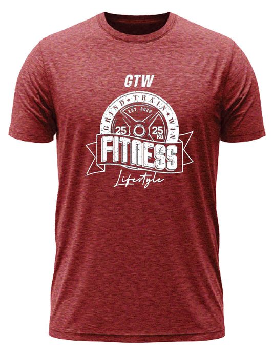 Formula 1/red with bold white print. GTW weight plate emblem, “FITNESS Lifestyle” banner, built for those who grind, train, and win.