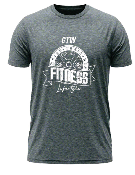 Heather Grey T-shirt with bold white print. GTW weight plate emblem, “FITNESS Lifestyle” banner, built for those who grind, train, and win.