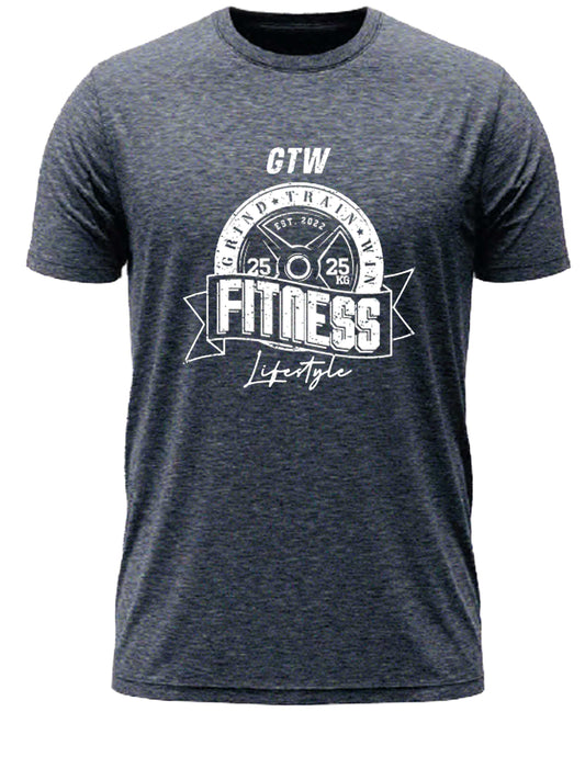 Navy T-shirt with bold white print. GTW weight plate emblem, “FITNESS Lifestyle” banner, built for those who grind, train, and win.