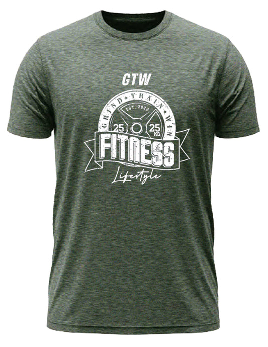 Olive T-Shirt with bold white print. GTW weight plate emblem, “FITNESS Lifestyle” banner, built for those who grind, train, and win.