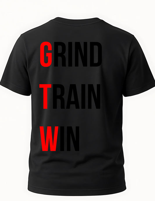 Black t-shirt with 'GRIND TRAIN WIN' text in red and black on a white background