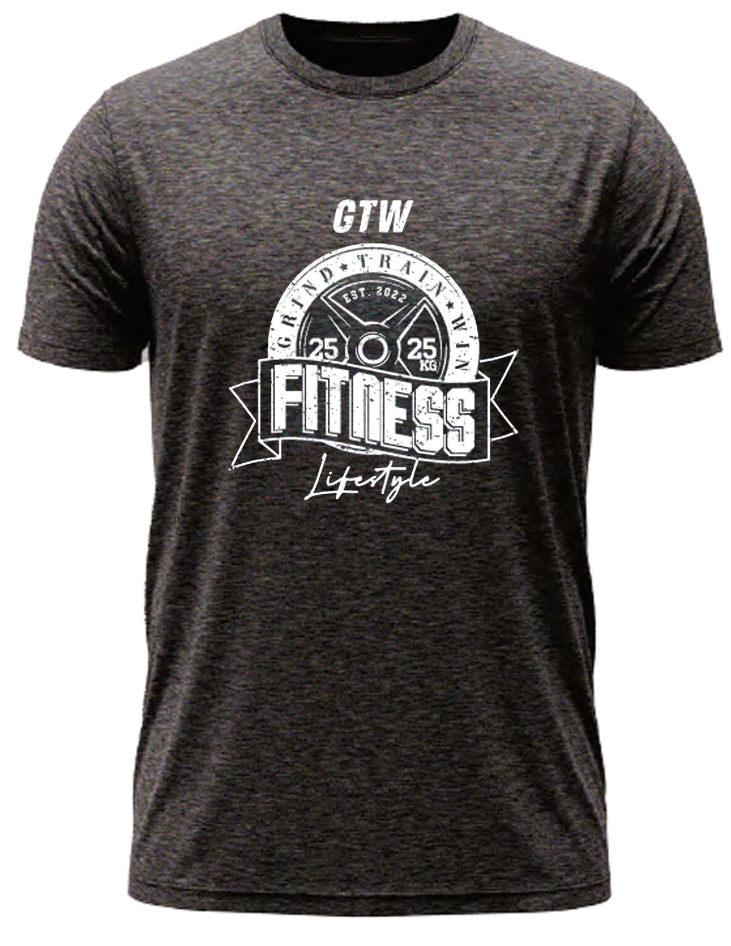 Brown tee with bold white print. GTW weight plate emblem, “FITNESS Lifestyle” banner, built for those who grind, train, and win.