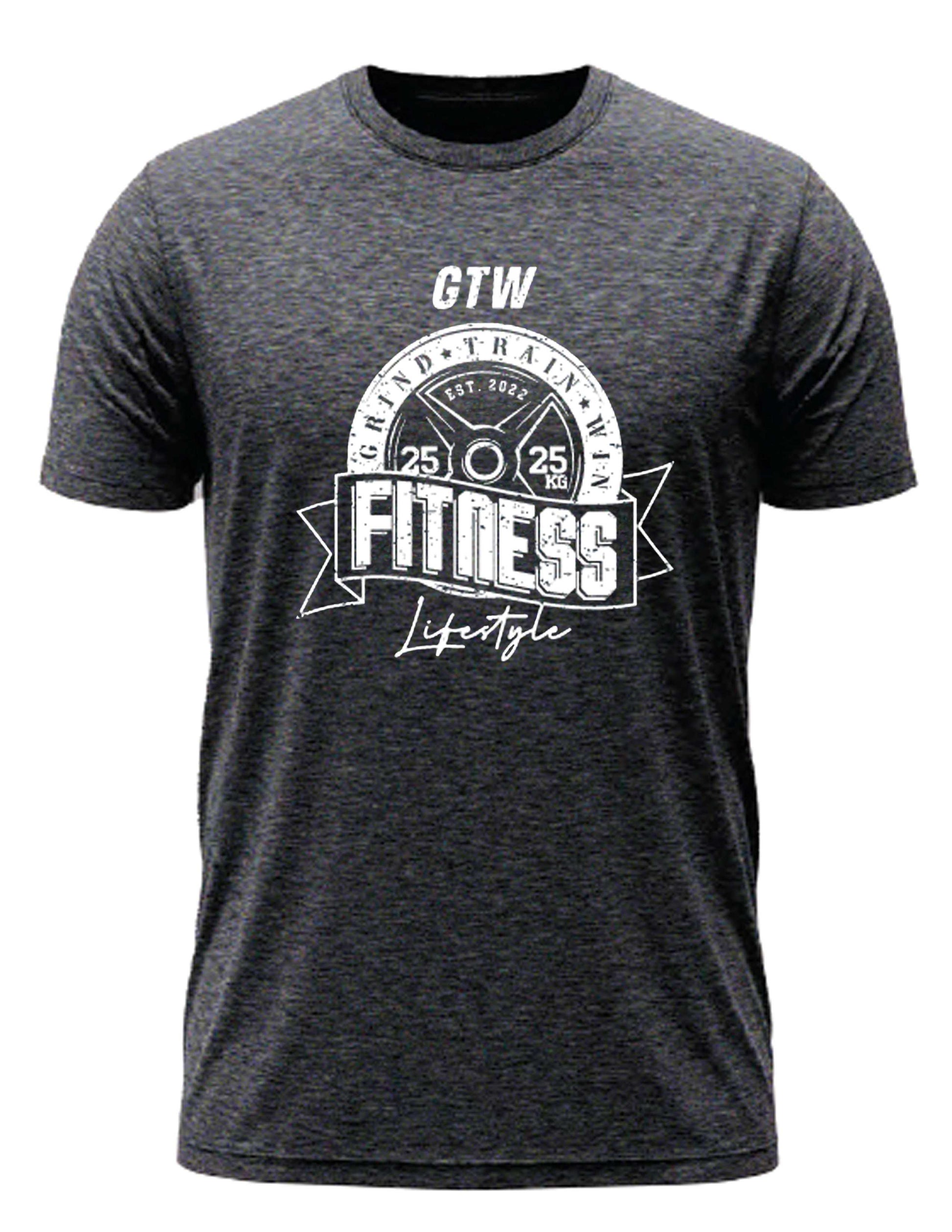Gray tee with bold white print. GTW weight plate emblem, “FITNESS Lifestyle” banner, built for those who grind, train, and win.