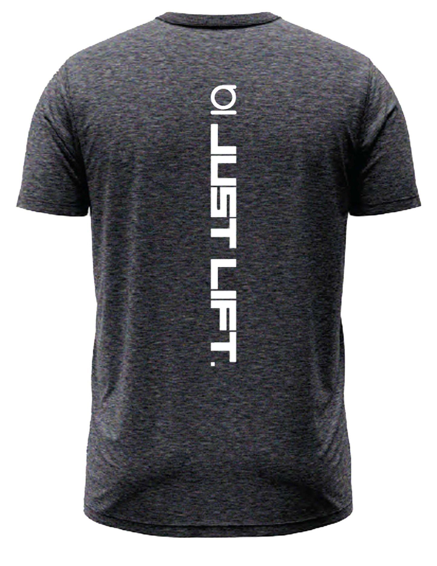 Gray t-shirt with 'JUST LIFT' text on the back.