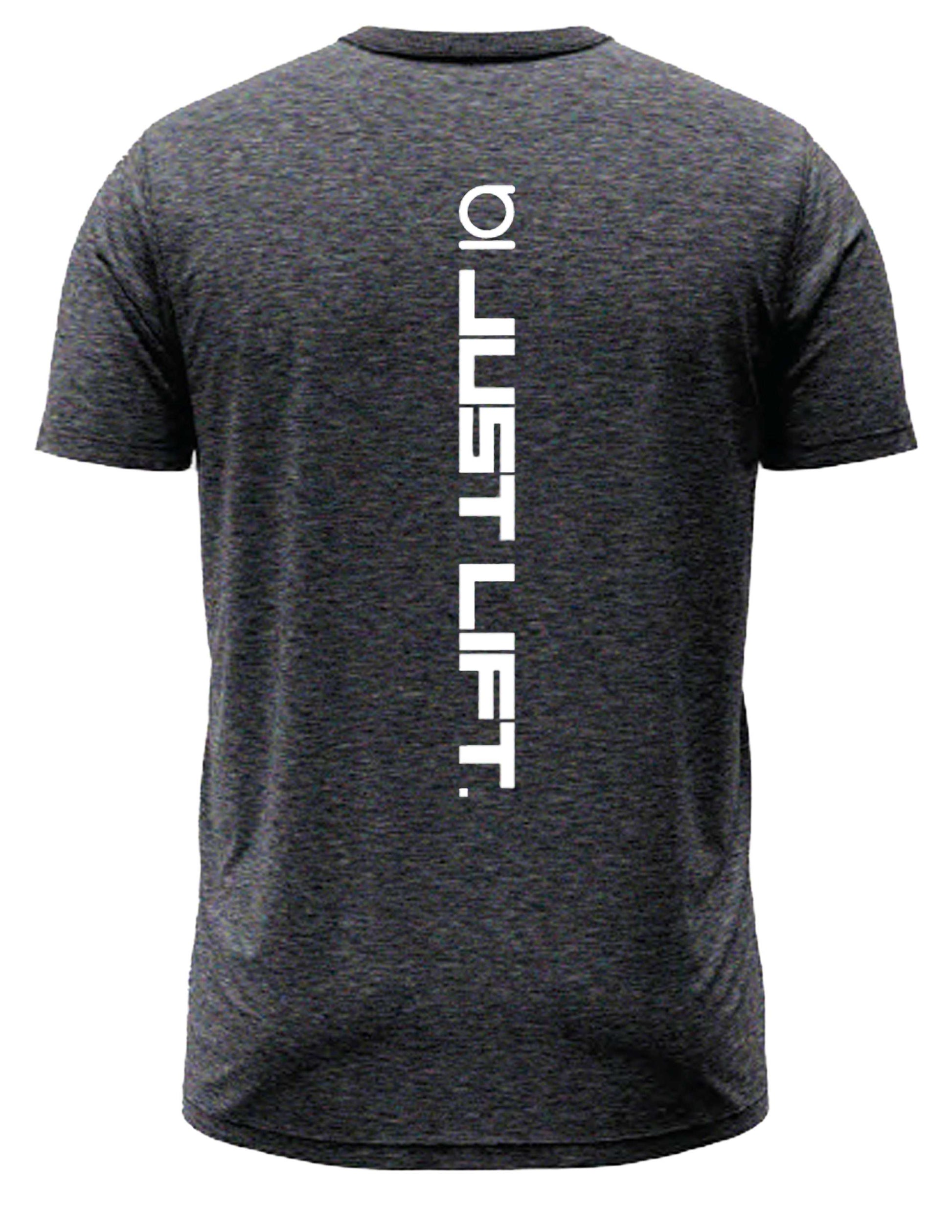 Gray t-shirt with 'JUST LIFT' text on the back.