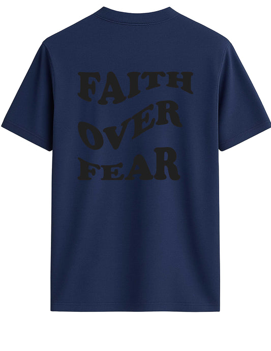 Navy blue t-shirt with 'FAITH OVER FEAR' text on the back against a white background