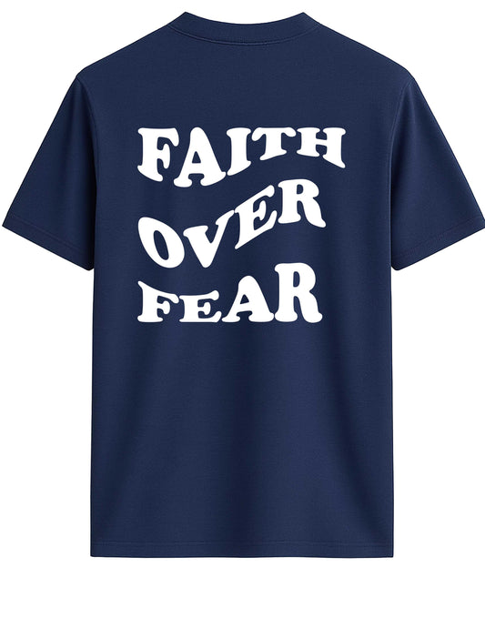 Navy blue t-shirt with 'FAITH OVER FEAR' text on the back against a white background