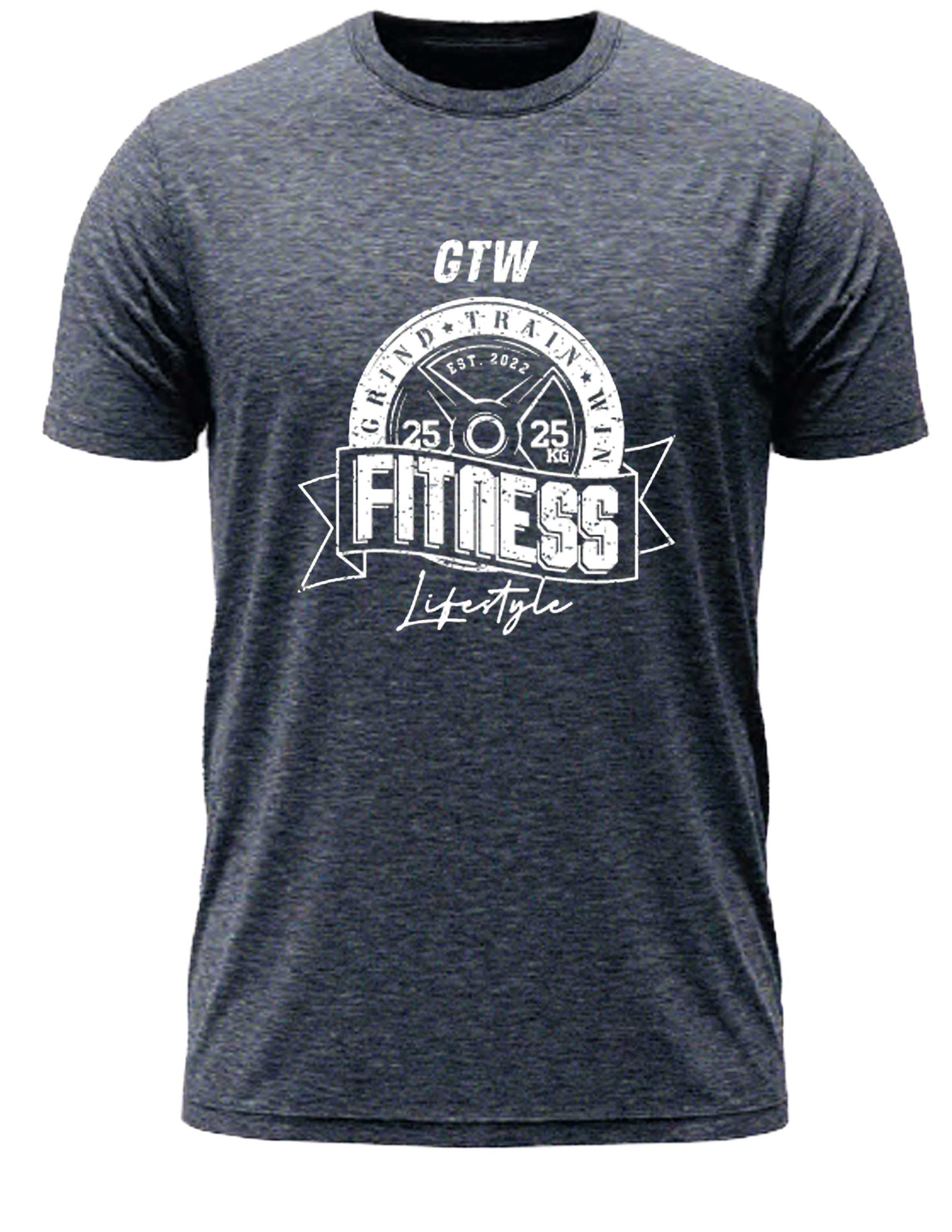 Navy T-shirt with bold white print. GTW weight plate emblem, “FITNESS Lifestyle” banner, built for those who grind, train, and win.