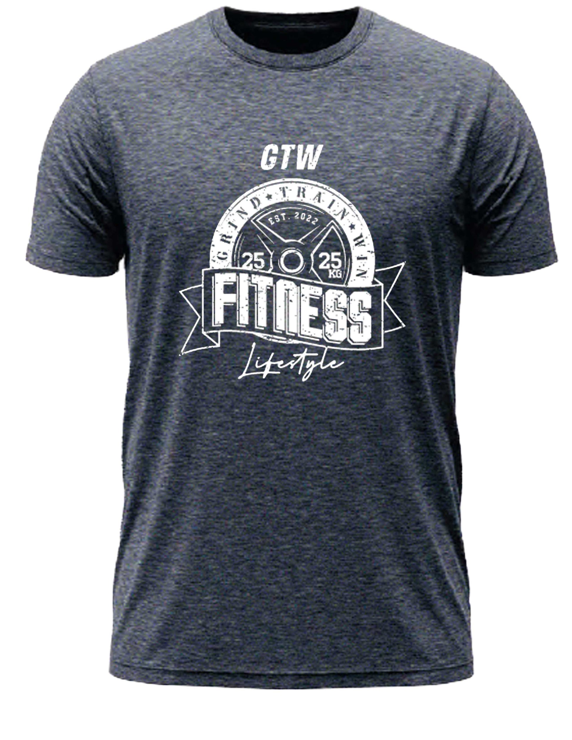 Navy T-shirt with bold white print. GTW weight plate emblem, “FITNESS Lifestyle” banner, built for those who grind, train, and win.