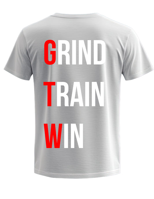 Gray t-shirt with 'GRIND TRAIN WIN' text on the back
