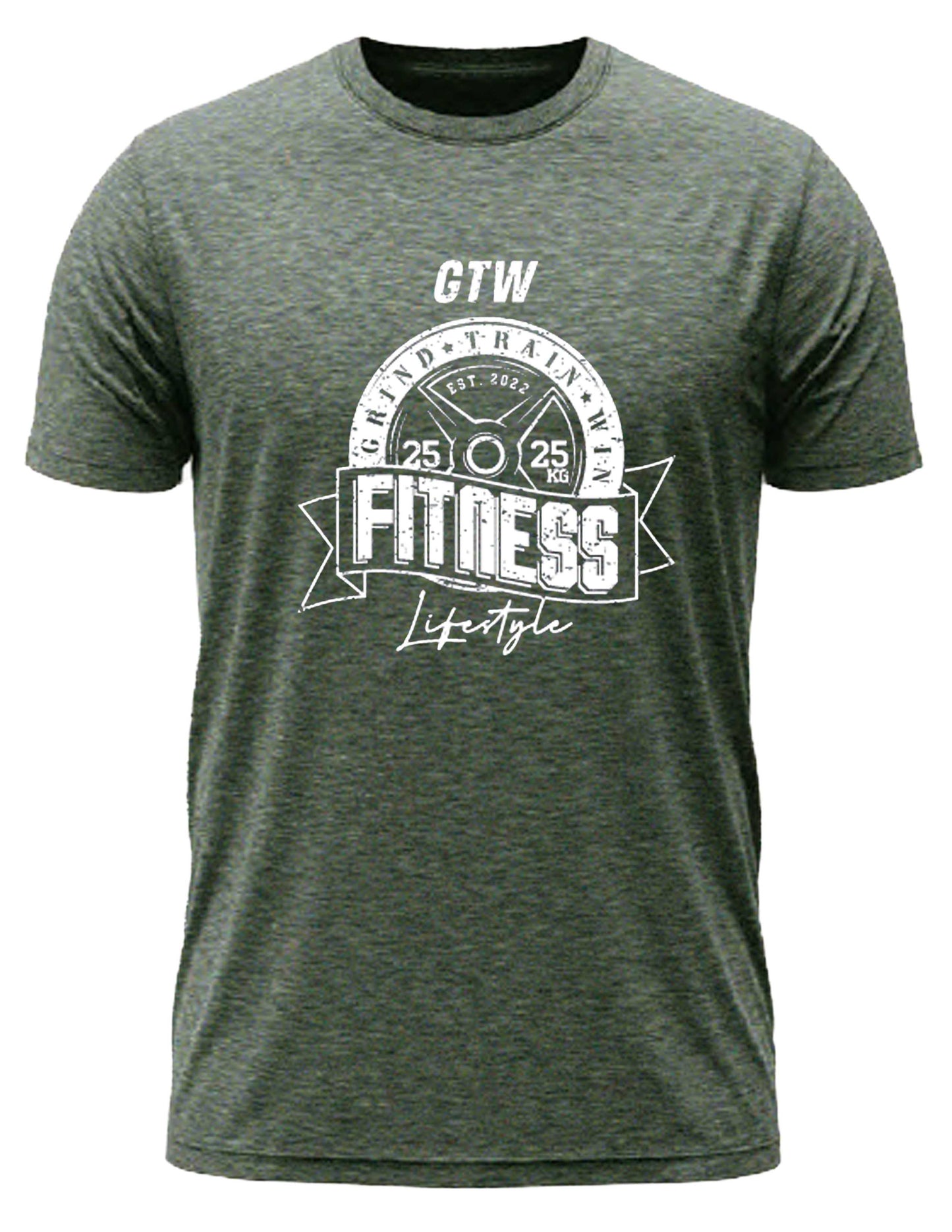 Olive T-Shirt with bold white print. GTW weight plate emblem, “FITNESS Lifestyle” banner, built for those who grind, train, and win.