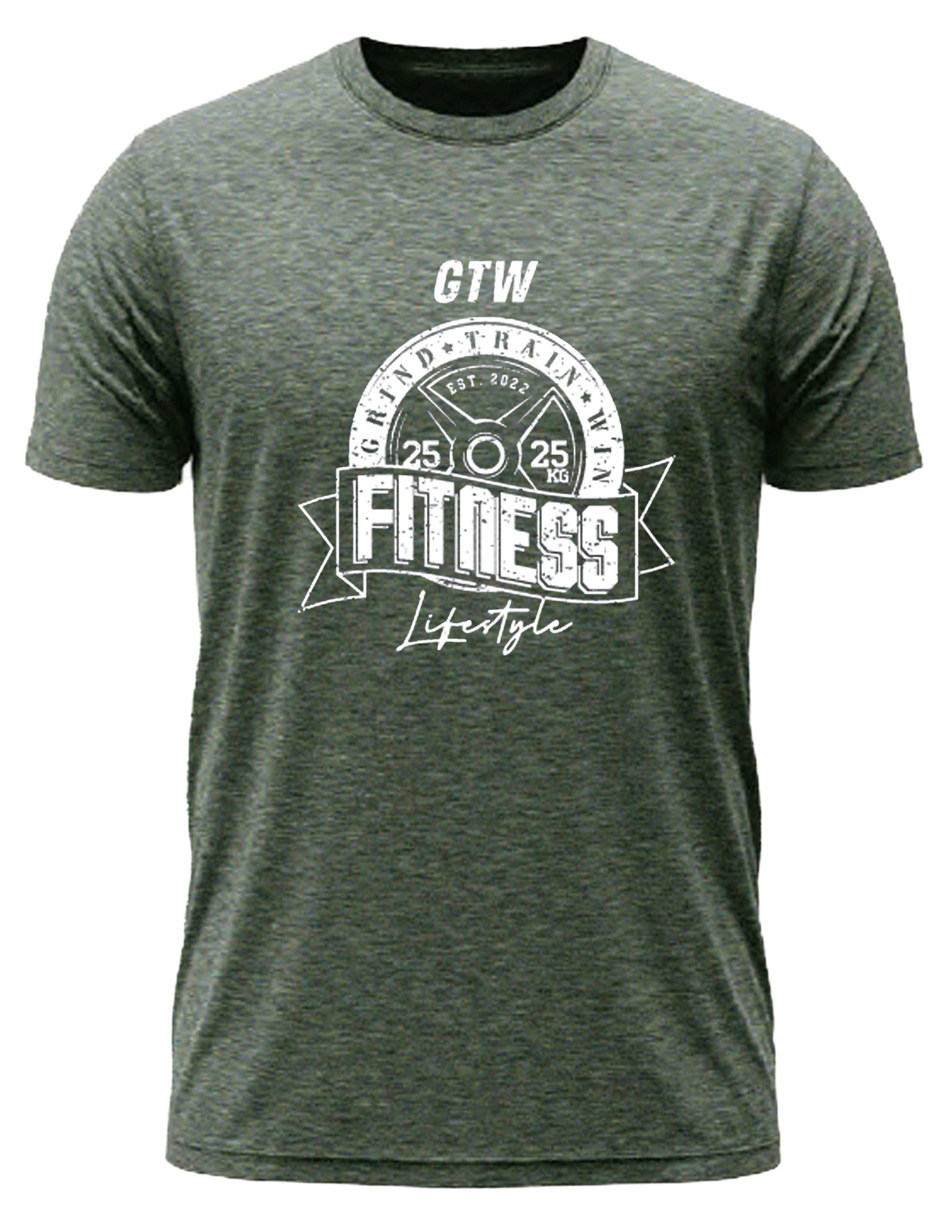 Olive T-Shirt with bold white print. GTW weight plate emblem, “FITNESS Lifestyle” banner, built for those who grind, train, and win.