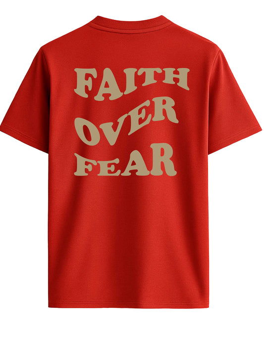 Red t-shirt with 'FAITH OVER FEAR' text on the back against a white background