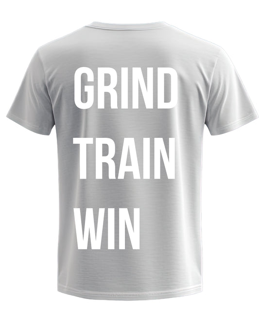 Gray t-shirt with 'GRIND TRAIN WIN' (GTW) text on the back against a white background