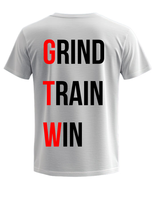 White t-shirt with 'GRIND TRAIN WIN' text on a white background